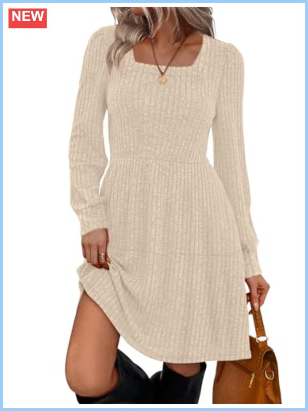 Square Neck Long Sleeve Babydoll Sweater Dress Casual Fall Tunic